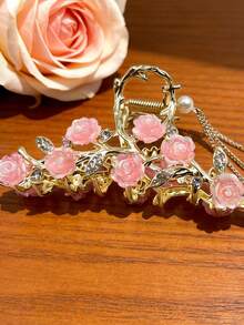 Presilha de cabelo Y2K Sweet Girl * Estilo romântico de primavera com rosa rosa, strass e borla de pérolas em dourado. Design requintado, perfeita para passeios de primavera, jantares românticos, looks com Hanfu, chá da tarde com a melhor amiga, estilo streetwear de férias. Acessório de cabelo versátil e elegante, com presilha de garra para um visual casual e sofisticado. - Multicolorido - Ver 5