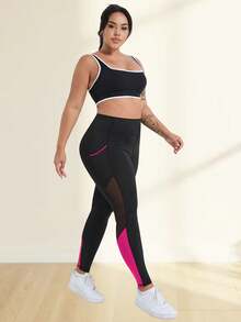 Pantalones de yoga de talle alto y control de barriga para mujer de talla grande, con longitud 9/10, bolsillos laterales, inserto de malla, diseño con ribete de contraste, tallas XL-5XL, 27 pulgadas de entrepierna, leggings de yoga casuales para entrenamiento - Negro - Ver 6