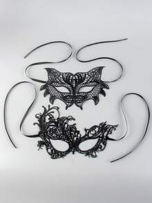 2pcs Black Lace Masquerade Mask Set, Sexy Vintage Style Half Face Mask With Tie, Unisex Suitable For Party, Ball, All Seasons - Multicolor - View 7