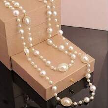 1pc Fully Rhinestone & Pearl Decor Long Necklace, Fashion Versatile Sweater Chain, Suitable For Dress, Suit, Party, Evening Wear - Multicolor - View 2