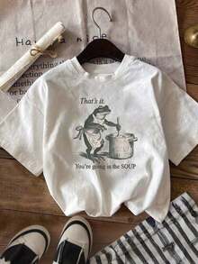 Women's Summer Frog Print Casual Simple Loose Everyday Street Style Round Neck Short Sleeve T-Shirt - White - View 1