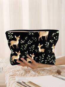 Sac cosmétique thème cerf et feuille - Motif cerf et feuille, pochette zippée en polyester, organisateur de toilette de voyage, sac zippé léger, cadeau parfait pour les amateurs de beauté, sœurs, étudiants et adultes, sac à maquillage à motif aléatoire - Voir 6