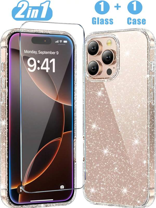 2-In-1 Set: 1 Transparent Tempered Glass Screen Protector + 1 Case Compatible With Iphone 16 Pro MAX. Features A Transparent Glitter Soft TPU Material, Shockproof And Drop-Resistant, Designed Specifically For Women. Slim, Sparkling, And Stylish With A Colorful Frame Protective Cover.