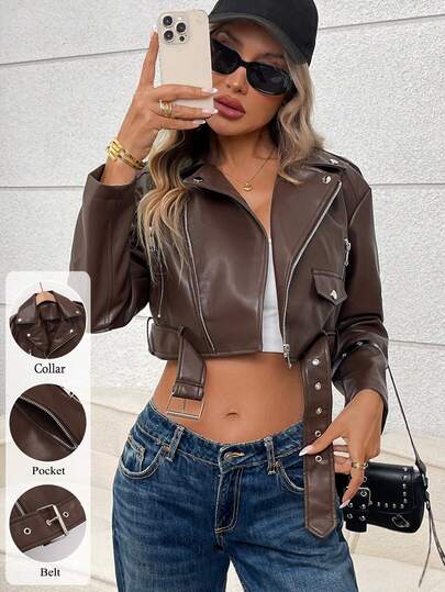 Women Faux Leather Cropped Jacket Lapel Zipper Biker Short Bomber Moto Coat With Belt