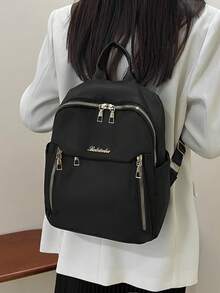 Women's Fashion Backpack, Large Capacity Casual Travel Backpack, Unisex Student Backpack, Solid Color Pocket Zipper Backpack, Travel Daily Bag, Women's Casual Student Backpack, Outdoor Leisure Backpack School Bag Bookbag - Black - View 1