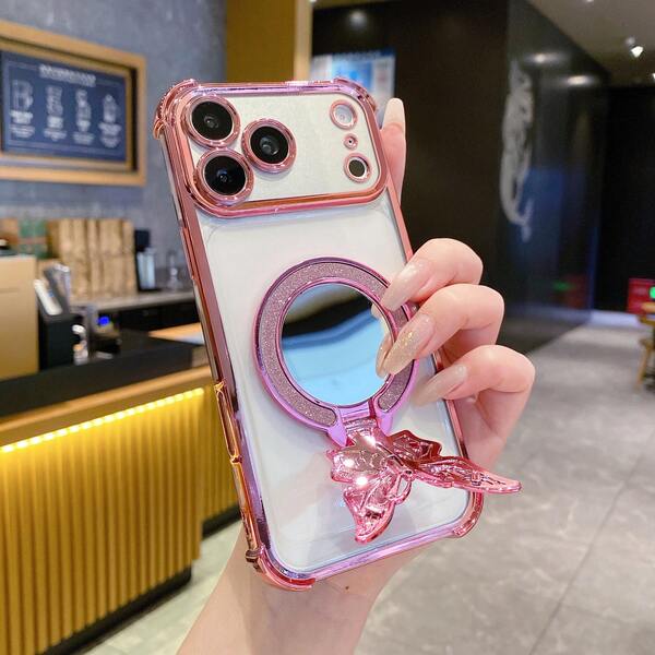 四角防摔+蝴蝶支架+闪亮粉色圆形化妆镜+磁吸支架一体式手机壳，兼容 17 Pro Max/17 Pro/17/Air/16 Pro 16 Pro Max、S26/S26 Plus/S26 Ultra，