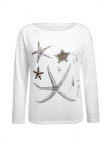 轻薄透气的海星印花宽松长袖T恤，休闲时尚 - 白色 - 查看 3