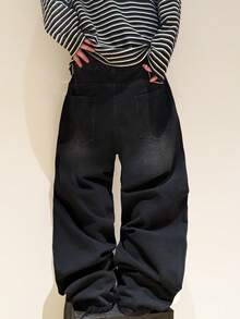 Justice Brother 1pc Korean Style Personalized 3D Embroidered Men's Black Denim Wide Leg Pants, Fashionable All-Season Versatile Casual Comfortable Long Trousers (Belt/Accessories Not Included) - Black - View 7
