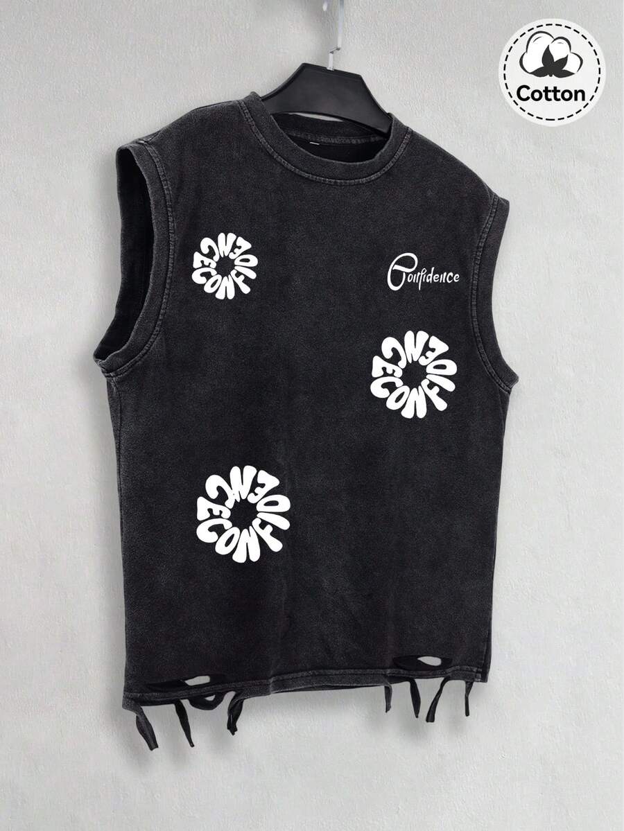 Hemo, Summer Men's Street Graphic Ripped Tank Top, Slightly Stretchy Washed Black Crew Neck Casual Everyday Wear Ripped Tank Top - Black - View 1