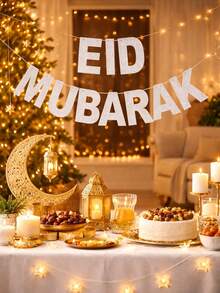 Eid Mubarak Banner Decorations, Silver Glitter Letter Garland, Ramadan Eid Party Supplies, Islamic Holiday Hanging Banner For Home, Living Room & Mosque Decor - Silver - View 3