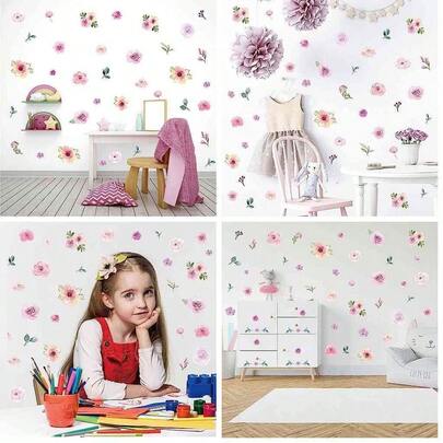 Set de 60 Pegatinas de Pared con Diseño de Flores en Acuarela Rosas, Autoadhesivas y Removibles, Ideales para Decorar Habitaciones, Aulas, Bodas o Fiestas