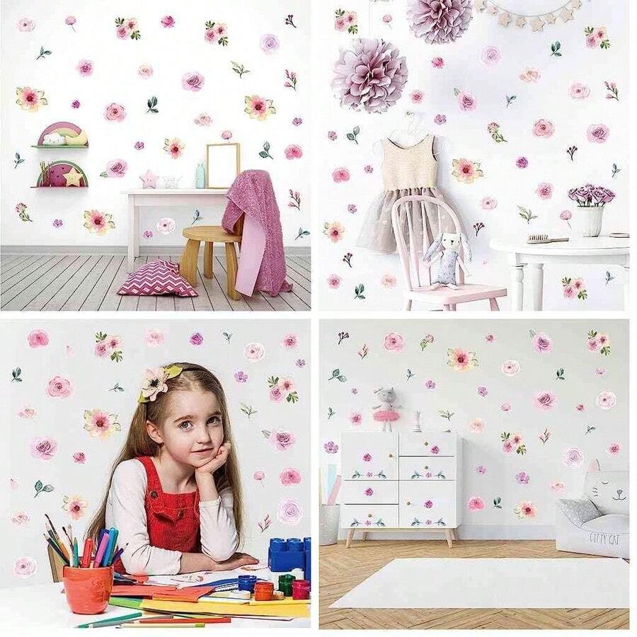 Set de 60 Pegatinas de Pared con Diseño de Flores en Acuarela Rosas, Autoadhesivas y Removibles, Ideales para Decorar Habitaciones, Aulas, Bodas o Fiestas - como se muestra en la figura - Ver 1