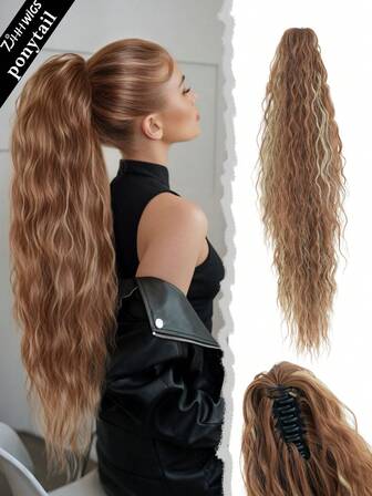 PIAOYUN Synthetic 34inch Long Curly Black Highlight Blonde Ponytail Hair Extensions Wigs Wrap Hair Extension Clips Ponytail Clip In Ponytail Hairs For Women