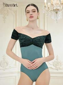 DonsGirl 1件女士复古宫廷风天鹅绒拼接短袖紧身衣 - 芭蕾舞和现代舞古典表演服装 春季 - 墨綠色 - 查看 5