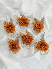1pc/6pcs Luxury Princess Rose Flower With Faux Greenery & Pearl Bracelet, Suitable For Bride, Groom, Bridesmaids, Weddings, Engagements, Parties, Events
