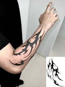 1张可水洗火焰纹身贴纸，手臂深色酷炫纹身设计，防水防汗耐用，适合时尚人士，符合ins风格 - 黑色 - 查看 3