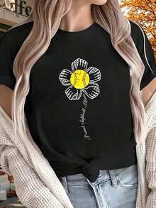 1pc Women' S Softball Mom Print Black TShirt, Crew Neck, Casual Cotton Tee Medium Stretch Knit Fabric, Regular Fit For Female Ladies For Spring/ Summer/ Fall Valentine' S Day, Mother' S Day, - 黑色 - 查看 1