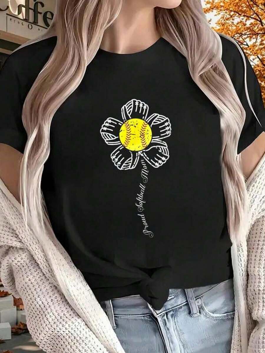 1pc Women' S Softball Mom Print Black TShirt, Crew Neck, Casual Cotton Tee Medium Stretch Knit Fabric, Regular Fit For Female Ladies For Spring/ Summer/ Fall Valentine' S Day, Mother' S Day, - 黑色 - 查看 1