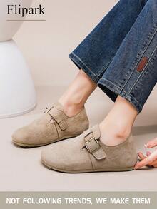 Flipark Soft Suede Slip-On Shoes In Light Khaki! Exuding A Gentle Ambiance With Metal Buckle Accent & Plush Lining, Ideal For Commuting, Dates, And Slouchy Wear - Khaki - View 4