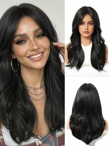 Tóc giả dài vừa phải 20 inch màu đen dành cho nữ, kiểu tóc xoăn sóng tự nhiên, chịu nhiệt, chất liệu tổng hợp, phù hợp cho nữ sử dụng hàng ngày, ở nhà hoặc đi nghỉ mát, có mái. - màu đen - Xem 12