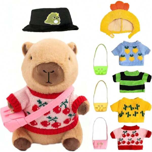 Peluche de Capibara Disfrazar con 9 Piezas de Ropa y Accesorios,26cm Peluche Afelpado Capibara,Lindos Juguete De Peluche De Capibar,Capybara Afelpado Regalo para Niñas Y Niños,39228148