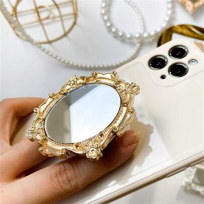 European Retro Pattern Mirror Creative Phone Air Cushion Holder, Adhesive Foldable Loose Desktop Circular Mirror Holder, Mini Makeup Mirror, Perfect Phone Gift, Compatible With IPhone, Android Phones, Birthday Gifts, Family Gifts, Friend Push-Pull Phone Handle, Phone Holder, Phone Accessories