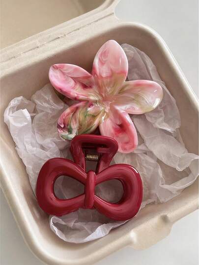 2个/1个装女士夏威夷花朵蝴蝶结塑料发夹，轻巧时尚，优雅简约，纯色发爪，适合日常、休闲、派对、海滩、马尾辫、发髻、化妆、服装搭配等场合。女士发爪夹，优雅发饰。