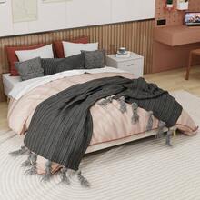 Modern Minimalist Bed Frame, 160 X 200 Cm, Beige, Upholstered In Dutch Velvet, Low Slatted Base, Contemporary Style Bedroom Furniture. Gas Lift Mechanism, Headboard And Mattress Not Included. - Beige + Fabric + Metal + Memory Foam - View 8