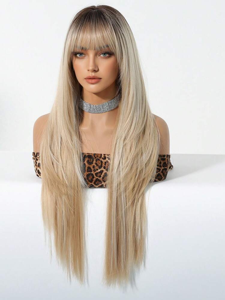 [Heat Resistant Synthetic Wig] Heat Resistant 28" Long Straight Synthetic Wig With Bangs - Natural Looking Soft Hair For Daily Wear, Cosplay, Halloween, Music Festivals, And Christmas Events - Women's Fashionable Ombre - Ombre - View 4