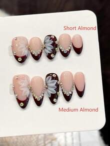 10片装短杏仁/中杏仁手工美甲贴片，适合派对和日常佩戴，“酒红色钻石花朵阴影”法式雕刻柔和短杏仁/中杏仁美甲贴片，易于佩戴。10片装Y2K手工美甲贴片，适合女孩和女士参加节日派对和日常佩戴。美甲用品 - 酒紅色 - 查看 15