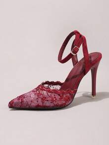 Fashionable Lace Embroidered High Heel Shoes, Sexy Pointed Toe Super High Heel Party Shoes, Thin Heel Wine Red Sandals For Women,Stiletto Heels - Burgundy - View 15