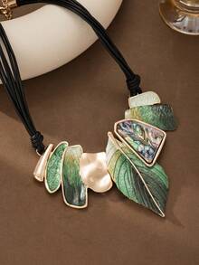 Cring Coco Women Asymmetric Green Leaf Abalone Shell Pendant Necklace, Black Wax Rope Adjustable Chunky Statement Bib Jewelry For Women Daily Party Vacation Gift - Green - View 9