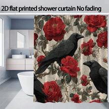 1Pc Gothic Crow & Floral Shower Curtain, Black & White Botanical Print, Machine Washable Polyester With 12 Hooks, Modern Elegant Bathroom Decor, Smooth Texture Fabric For Stylish Home Aesthetics, Bathroom Decor And Accessories - 顏色13 - 查看 1