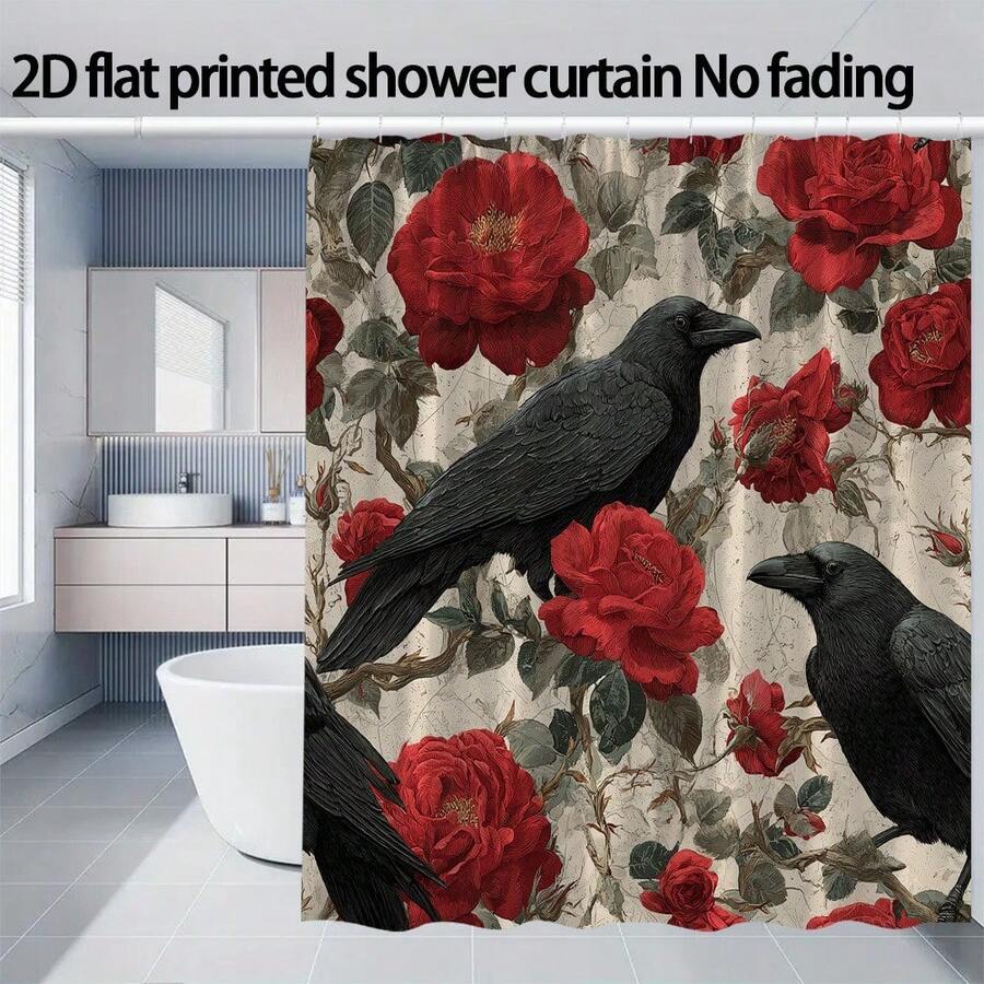 1Pc Gothic Crow & Floral Shower Curtain, Black & White Botanical Print, Machine Washable Polyester With 12 Hooks, Modern Elegant Bathroom Decor, Smooth Texture Fabric For Stylish Home Aesthetics, Bathroom Decor And Accessories - 顏色13 - 查看 1