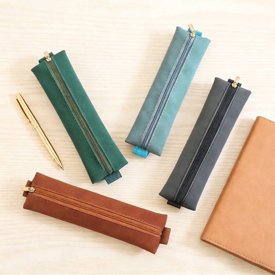 1pc Adjustable Elastic Band Pen Holder Pouch, PU Pen Case Pencil Bag With Zipper, Water-Resistant Notebook Pencil Box, Suitable For Notebooks, Planners, Binders And Books, Available In Dark Grey/Brown/Blue/Green,Stationery,Back To School - Multicolor - View 1