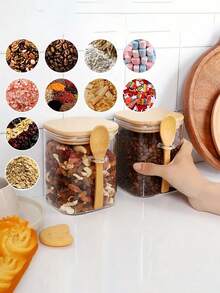 玻璃罐套装，玻璃罐，竹盖，竹勺，高硼砂玻璃罐，大容量密封储物罐配天然竹勺 | 可用于存放茶叶、盐、糖、咖啡等，防潮防霉，透明可视，厨房储物神器，环保竹勺，干货、香料、茶叶等可堆叠存放，节省空间 - 彩色 - 查看 2