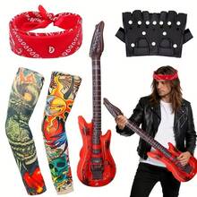 5pcs Punk Gothic Rock Additions | Fake Tattoo Sleeves Covers, Bandana, Black PU Gloves, Inflatable Guitar | Fancy Dress For Women Men, Adult Rock And Roll Costume, 80s 90s Disco Carnival Halloween Cosplay Dress Up Party Supplies - Multicolor - View 8