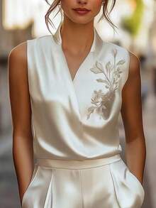 女士优雅商务修身刺绣套头衫，花卉印花叶子图案，3D立体花卉交叉前襟纽扣，适合约会、工作、度假和日常穿着，白色 - 白色 - 查看 6