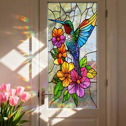 1 Peça de Adesivo de Janela Pintado em Vidro com Beija-Flor e Padrões Florais Coloridos, Adequado para Salas de Estar, Quartos, Cozinhas, Varandas, Portas de Vidro, Decoração de Janelas, Adequado para Festas de Inauguração, Comemorações de Aniversário, Festas de Jardim, Decorações de Casamento e Mais