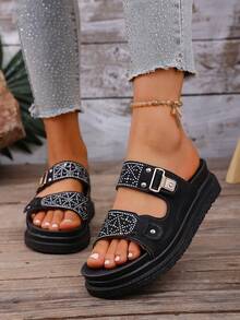 1 par de sandalias abiertas de mujer con suela gruesa brillante, hebilla de metal texturizada con rhinestones, cómodas y versátiles, adecuadas para el verano - Negro - Ver 6