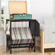 Mueble para Tocadiscos y Vinilos, Mueble para Vinilos con 4 Ruedas Móviles, con Bolsa para Guardar Discos Soporte Reproductor Discos Almacenamiento Discos Vinilo, Organizador para 100 Discos de Vinilo - Negro - Ver 4