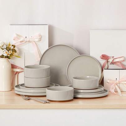 MALACASA 12-Piecee Porcelain Dinnerware Set, Dinner Plate, Dessert Plate And Bowl Set For 4 Person, Grey, Vertical Edge