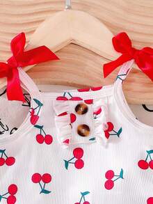 Baby Girl Summer Casual Cherry Print Button Ruffle Decor 3D Bow Strap Cropped Tank Top And Cherry Embroidered Denim Shorts Set - White - View 4