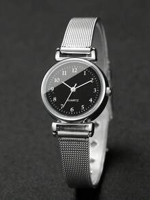 4pcs Women's Elegant Quartz Watch Set (Including Silver Mesh Band Black Dial Quartz Watch, Full Diamond Silver Bracelet, Single Diamond Necklace, Single Diamond Ring And Earrings) - Silver - View 6