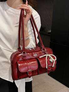 Women's Retro Solid Color Pu Leather Shoulder Bag With Multiple Pockets Large Capacity Comes With A Detachable Accessory Charm - Red - View 5