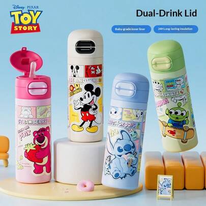  Disney 530ML Portable Insulated Tumbler, 316 Stainless Steel Double Wall Cup With Lid, Cartoon Pattern With Cup Sleeve And Straw, Student Water Bottle
