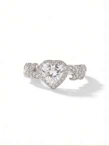 1pc Elegant Cubic Zirconia Heart Shaped Decorative Ring For Women, Wedding, Party, Daily Wear, Copper Material, Non-Fading, Non-Allergic, Great Gift For Lover, Mother - Silver - View 6