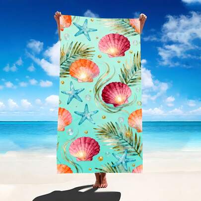 1条水彩海星贝壳海洋元素沙滩巾，超柔软超细纤维特大号沙滩毯，高吸水性浴巾，适合旅行、游泳池、潜水、冲浪、瑜伽、露营，多种尺寸可选，沙滩用品浴室装饰