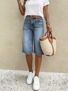 Quần short denim ống đứng cạp thấp dáng suông dành cho nữ: Kiểu dáng rộng rãi thời trang, quần short ống rộng dài đến đầu gối đa năng. - Rửa tối - Xem 1