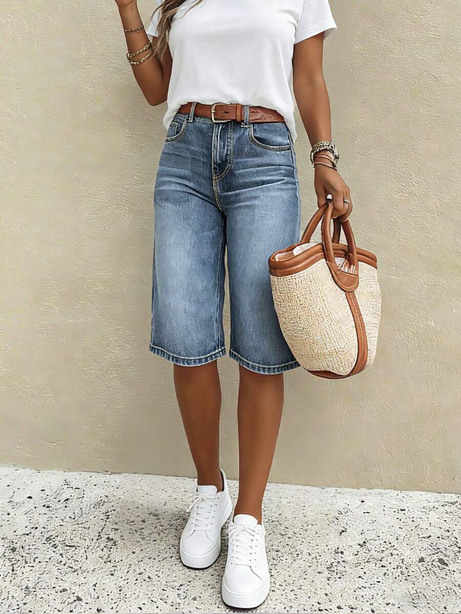 Quần short denim ống đứng cạp thấp dáng suông dành cho nữ: Kiểu dáng rộng rãi thời trang, quần short ống rộng dài đến đầu gối đa năng. - Rửa tối - Xem 1